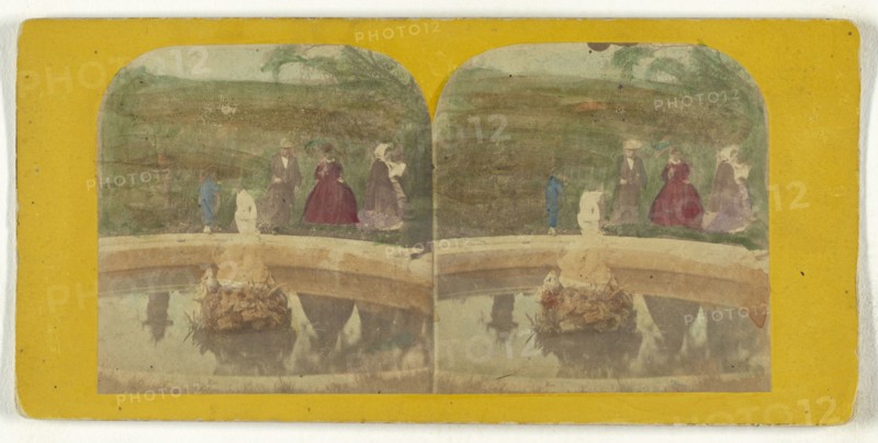 Group of people around a fountain; 1855 - 1860; Hand-colored Albumen silver print