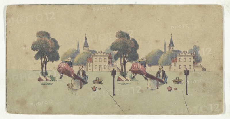 Optical illusion of a drawing of a couple on a see-saw; 1850s; Color lithograph