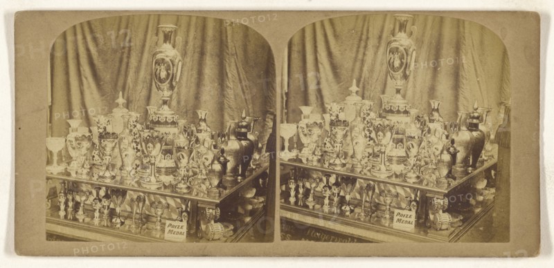 Display of vases and glasses which won a Prize Medal; about 1865; Albumen silver print