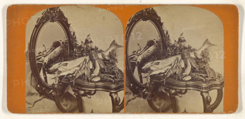 Various types of seafood on table with mirror; about 1865; Albumen silver print