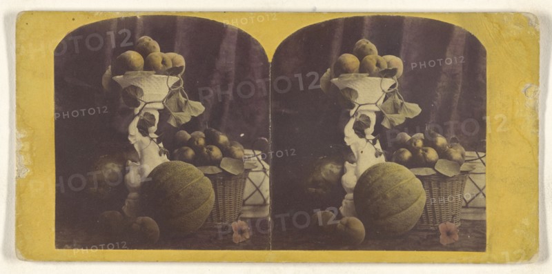 Basket and vase filled with fruit, cantalope at base; about 1865; Hand-colored Albumen silver print