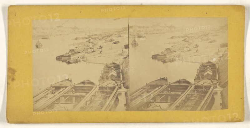 High angle view of barges in harbor; about 1870; Albumen silver print