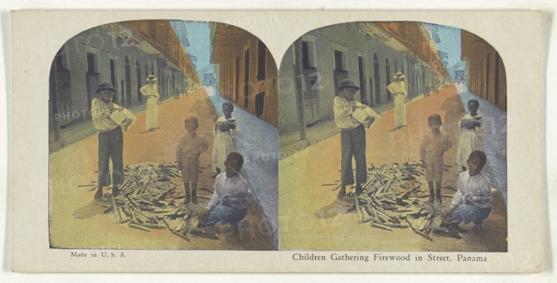 Children Gathering Firewood in Street, Panama; about 1900; Color Photomechanical
