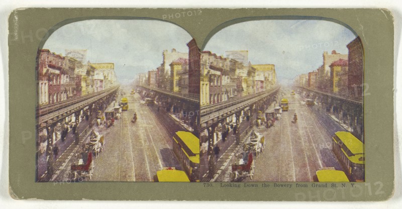 Looking Down the Bowery From Grand Street, N.Y; American; about 1905; Color Photomechanical