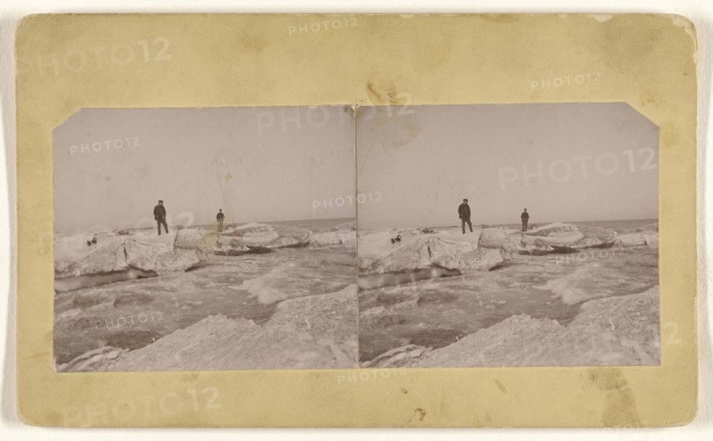 Men standing on blocks of ice, probably at Oostburg, Wisconsin; John Zierer, American, active Wisconsin 1920s, about 1920