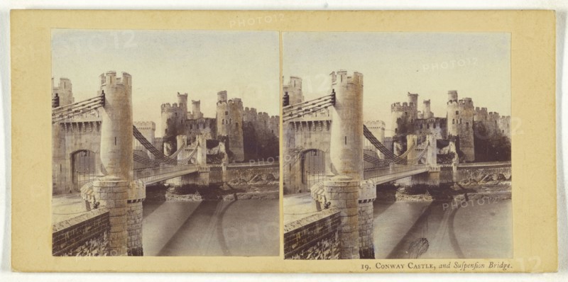 Conway Castle, and Suspension Bridge; British; about 1865; Hand-colored Albumen silver print