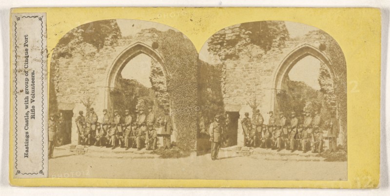 Hastings Castle, with group of Cinque Port Rifle Volunteers; British; about 1860; Albumen silver print