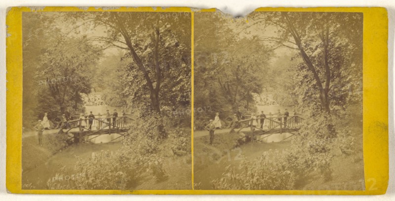 Group of people standing on footbridge over river; British; about 1865; Albumen silver print