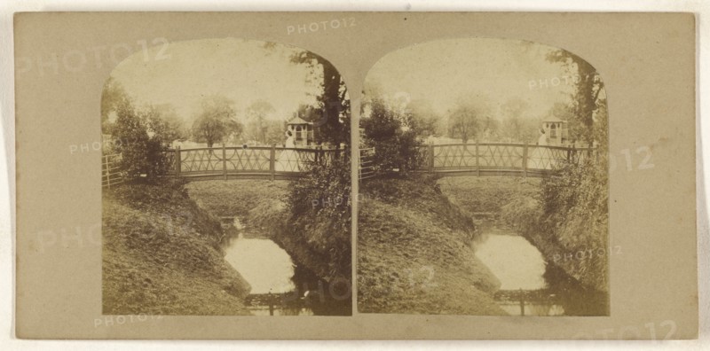 Woman crossing footbridge over stream; British; about 1860; Albumen silver print