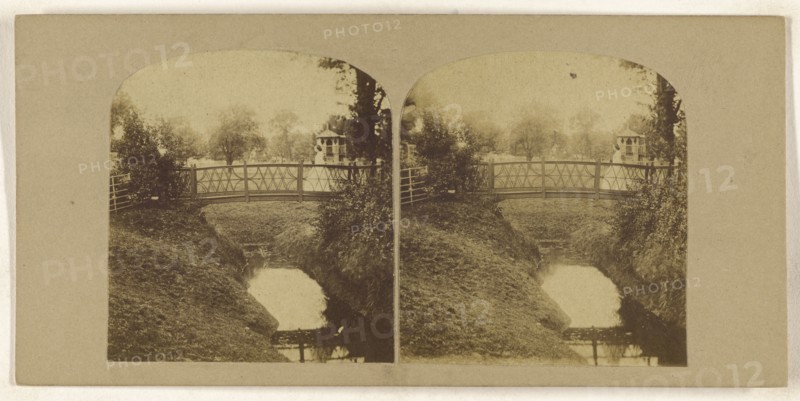 Woman crossing footbridge over stream; British; about 1860; Albumen silver print