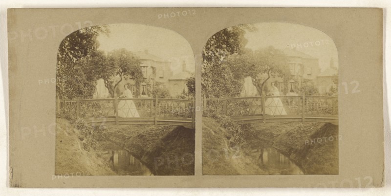 Woman crossing footbridge over stream; British; about 1860; Albumen silver print