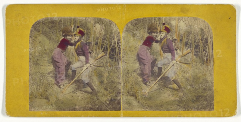 La Vie Militaire de Jean-Jean. Jean-Jean prend gout au metier; French; about 1865; Hand-colored Albumen silver print