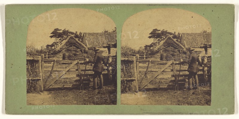 Man holding a pitchfork at gate of French farm; French; about 1865; Albumen silver print