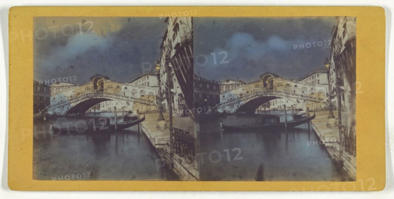 Rialto Bridge, Venice; Italian; about 1865; Hand-colored Albumen silver print