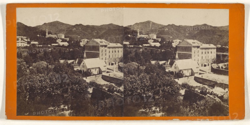 View of Pegli, a sea watering place near Genoa, bought at the Villa Pallavicini,Panorama di Pegli; Italian; about 1880; Albumen