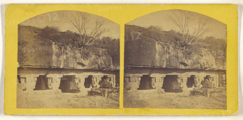 Caves of Ellora. Outer view of the Cave of Ramishivur; about 1870; Albumen silver print