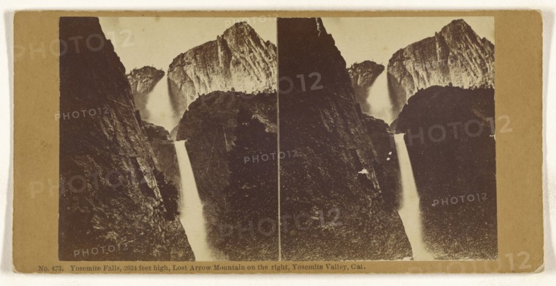 Yosemite Falls, 2634 feet high, Lost Arrow Mountain on the right, Yosemite Valley, Cal; American; about 1870; Albumen silver