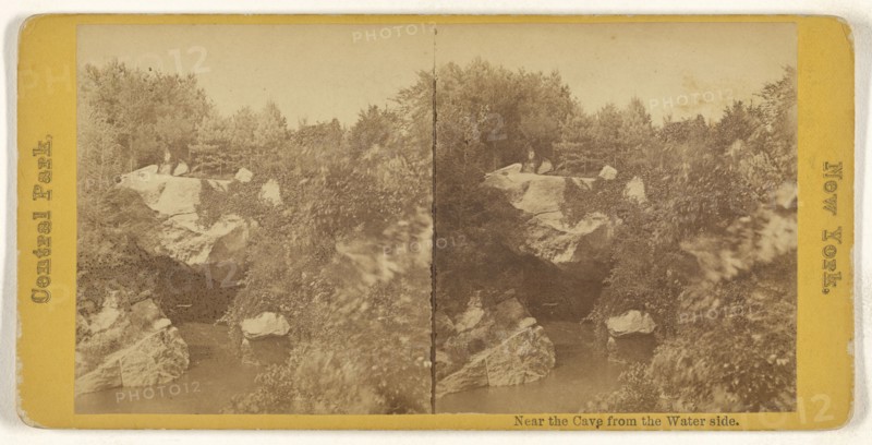 Near the Cave from Water side. Central Park, New York; American; about 1870; Albumen silver print