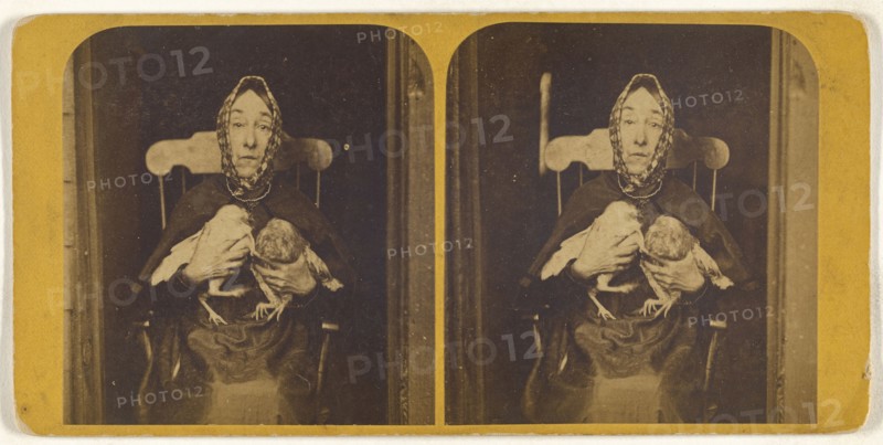 Nancy Luce holding two owls to her chest: Inkey Pinkee and Winkee Pinkee; S.F. Adams, American, 1844 - 1876, about 1870