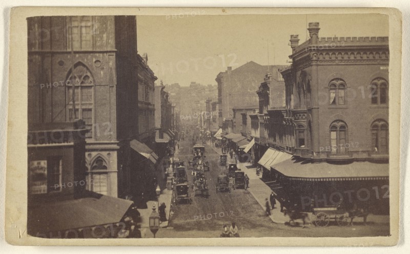 Montgomery Street from Market Street; San Francisco; Instantaneous; Lawrence & Houseworth; about 1865; Albumen silver print