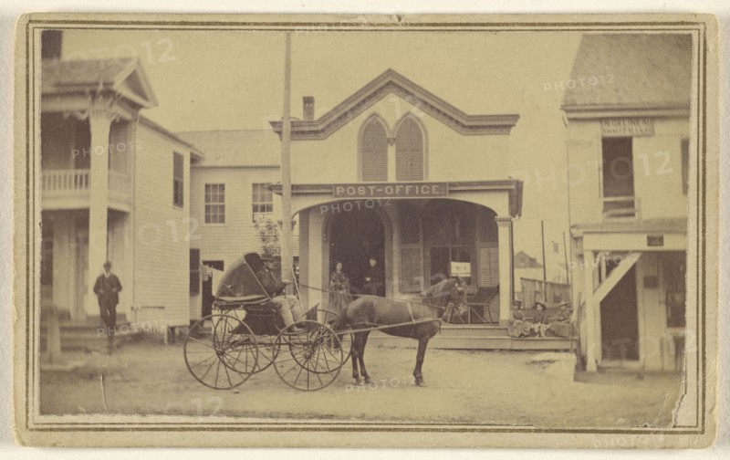 Man riding horse and buggy in front of post office; Ansel McIntosh, American, active 1870s - 1880s, about 1865; Albumen silver