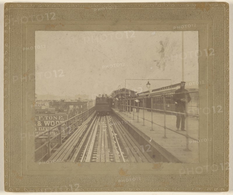 View of a train departing the station; about 1890; Gelatin silver print