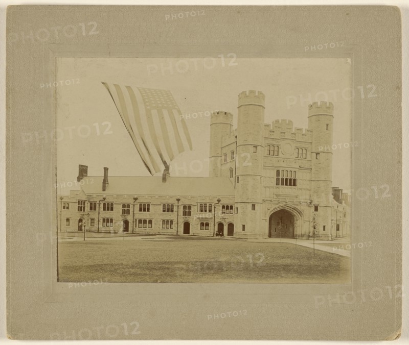 View of possibly a college dormitory with an American flag; American; about 1890; Gelatin silver print