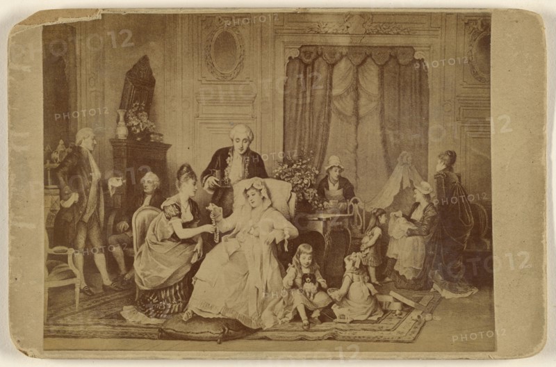 Copy of an unknown work of art: a woman seated, with foot on a pillow, being served; about 1875; Albumen silver print