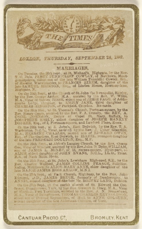 Listing of marriages from a page of The London Times, Thursday, September 28, 1882; Cantuar Photographic Company; September 22