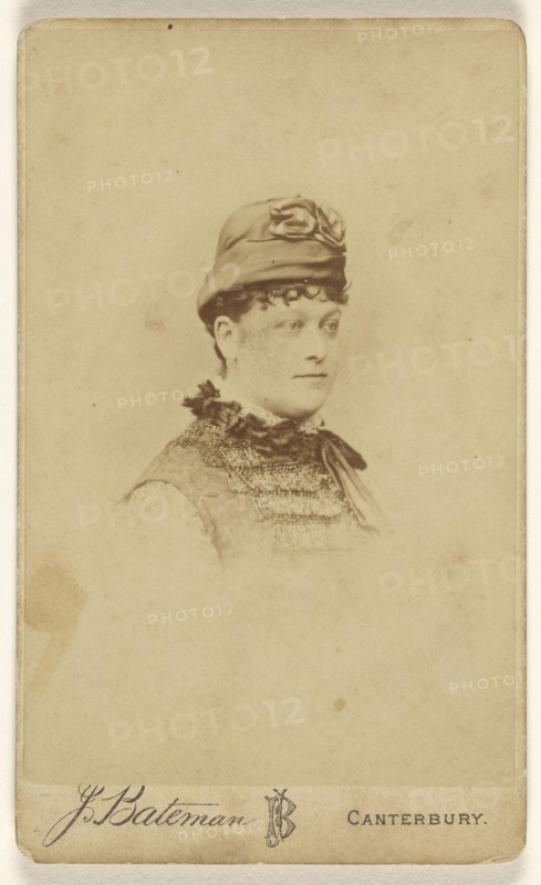 woman wearing period hat, in vignette-style; J. Bateman, British, active 1860s, 1870s; Albumen silver print