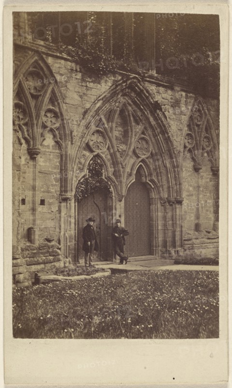 facade at Monmouth, Wales, with two men at front doors; R. Tudor Williams, British, active Monmouth, England 1870s, about 1865