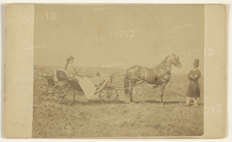 woman seated in a horse-drawn carriage,  man in top hat, standing; George P. Critcherson, American, 1823 - 1892, August 7, 1865