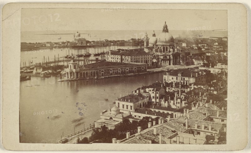 High angle view of entrance to the Grand Canal, Venice, Italy; Italian; 1865 - 1875; Albumen silver print