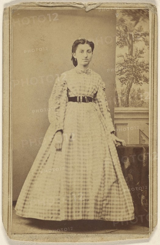 woman in checkered dress, standing; 1865 - 1875; Albumen silver print