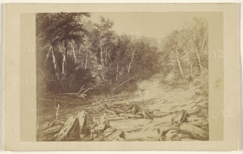 Copy of a painting depicting a river scene with a man in a canoe fishing; William Notman, Canadian, born Scotland, 1826 - 1891