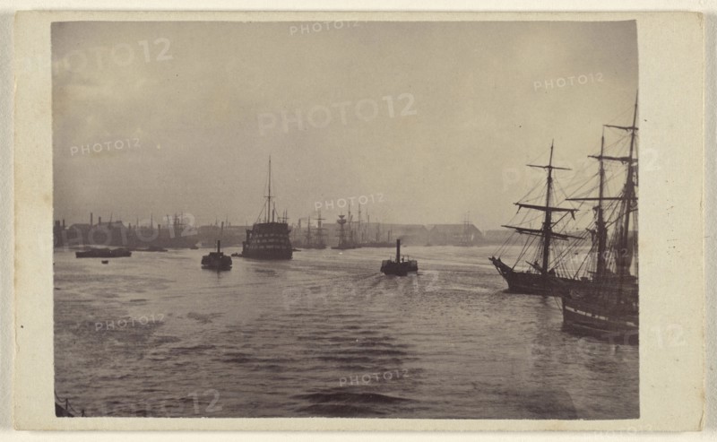 View of harbor at The Thames at Greenwich?; Ludwig Schultz, British, active Greenwich, England 1860s, about 1870; Albumen