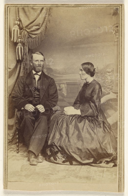 bearded man and a woman, seated; Bradley & Rulofson; 1863 - 1866; Albumen silver print