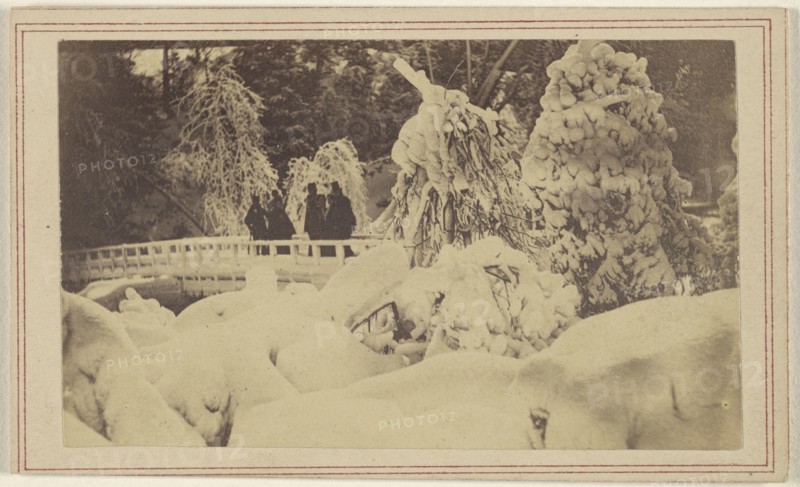 View of a bridge, after a snow storm; 1865 - 1870; Albumen silver print
