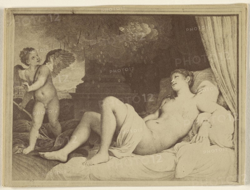 Reproduction of an  painting: nude woman reclining, angel at right; 1865 - 1870; Albumen silver print