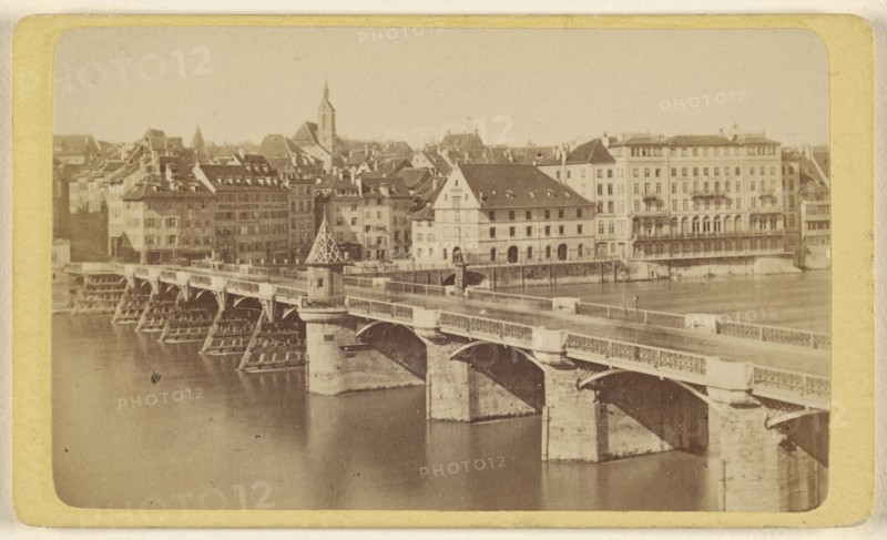 Die Rheinbrucke mit Hotel 3 Konig; Varady & Company; 1870 - 1875; Albumen silver print