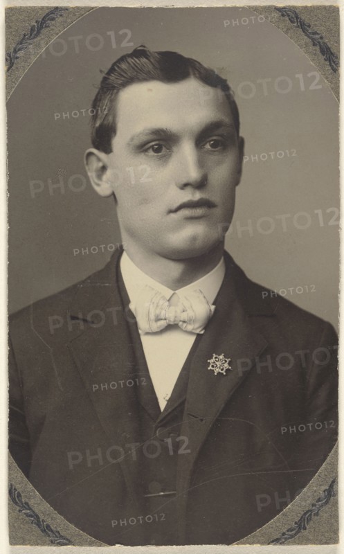 young man wearing a white bow tie and a pin on his lapel; 1875 - 1880; Platinum print