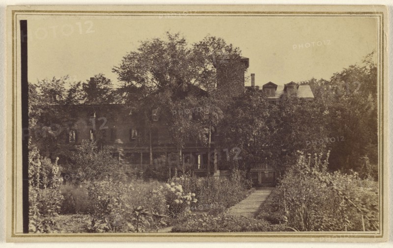 Hotel from the garden; John Robert Moore, American, active Tranton Falls, New York 1870s, 1865 - 1870; Albumen silver print