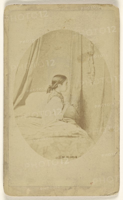 little girl in profile seated on a bed; Alophe Marie Alexander Menut, French, 1812 - 1883, 1870 - 1878; Albumen silver print