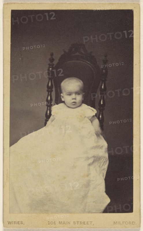 baby wearing a long gown, seated in a high backed chair; W.M. Wires, American, active Milford, Connecticut 1870s - 1910s, 1865