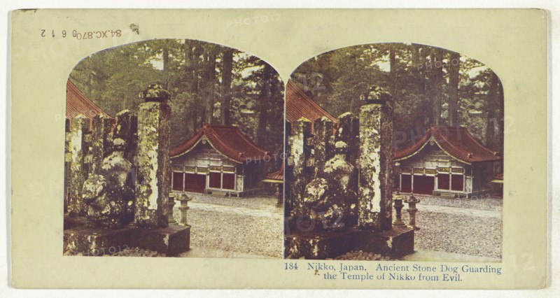 Nikko, Japan. Ancient Stone Dog Guarding the Temple of Nikko from Evil, recto, Nara, Japan. The Thousand Lanterns; about 1900