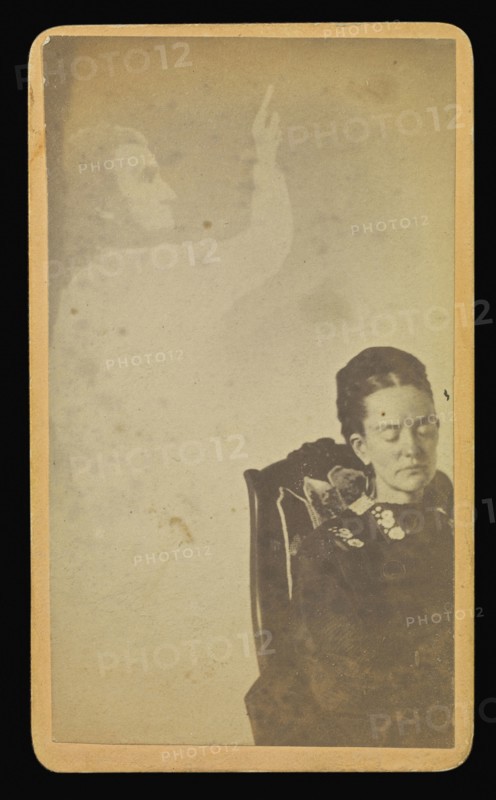 woman with male  spirit  pointing upwards; William H. Mumler, American, 1832 - 1884, Boston, Massachusetts, United States; 1862