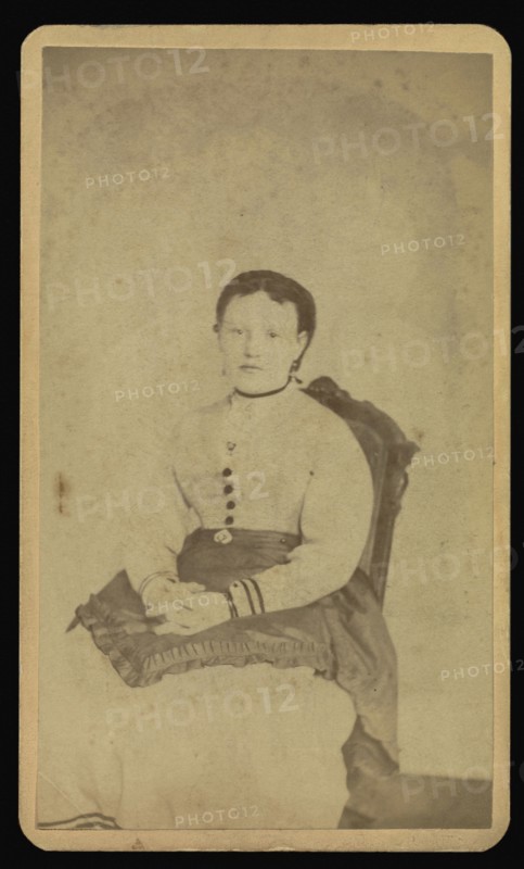 woman wearing a white dress seated with a spirit; William H. Mumler, American, 1832 - 1884, Boston, Massachusetts, United