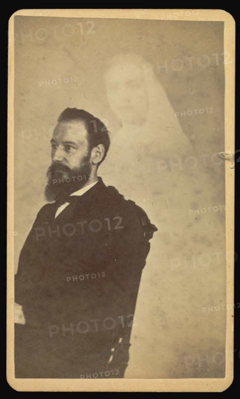 bearded man seated, a female  spirit  in the background; William H. Mumler, American, 1832 - 1884, Boston, Massachusetts