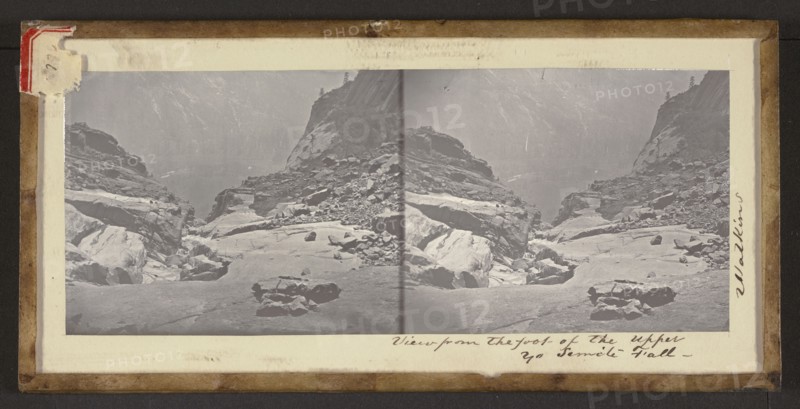 View from the foot of the Upper Yo Semite Fall, Carleton Watkins, American, 1829 - 1916, 1861; Stereograph, glass