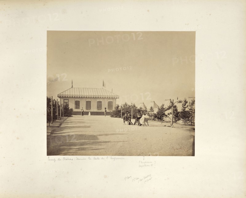 Officers seated near the Emperor's pavilion; Gustave Le Gray, French, 1820 - 1884, Chalons, France; 1857; Albumen silver print